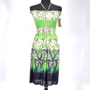 Carnival summer strap back out shirring bodice green dress Size: M